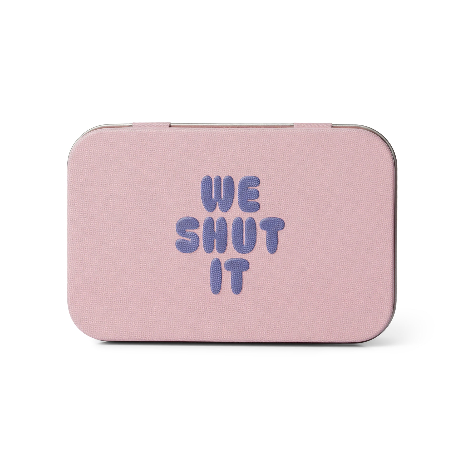 Pink case with 'WE SHUT IT' text on a white background