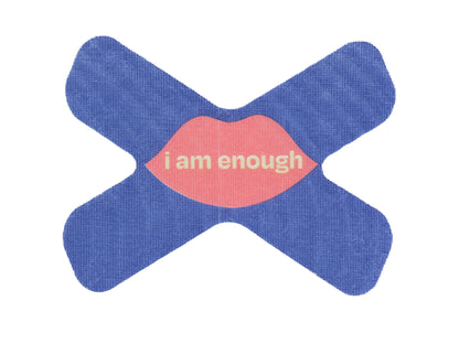 Purple mouth tape with a pink lip graphic and 'i am enough' text on a white background