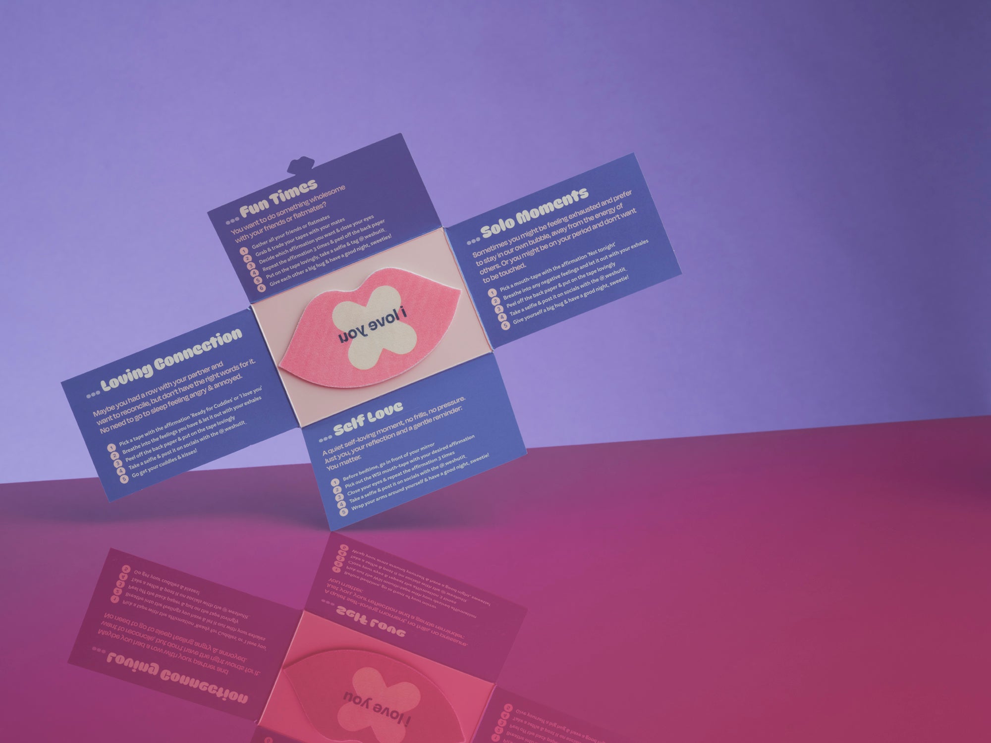 We Shut It nighttime ritual card with a bamboo fibre mouth tape with the affirmation: "I love you" on a colourful background.