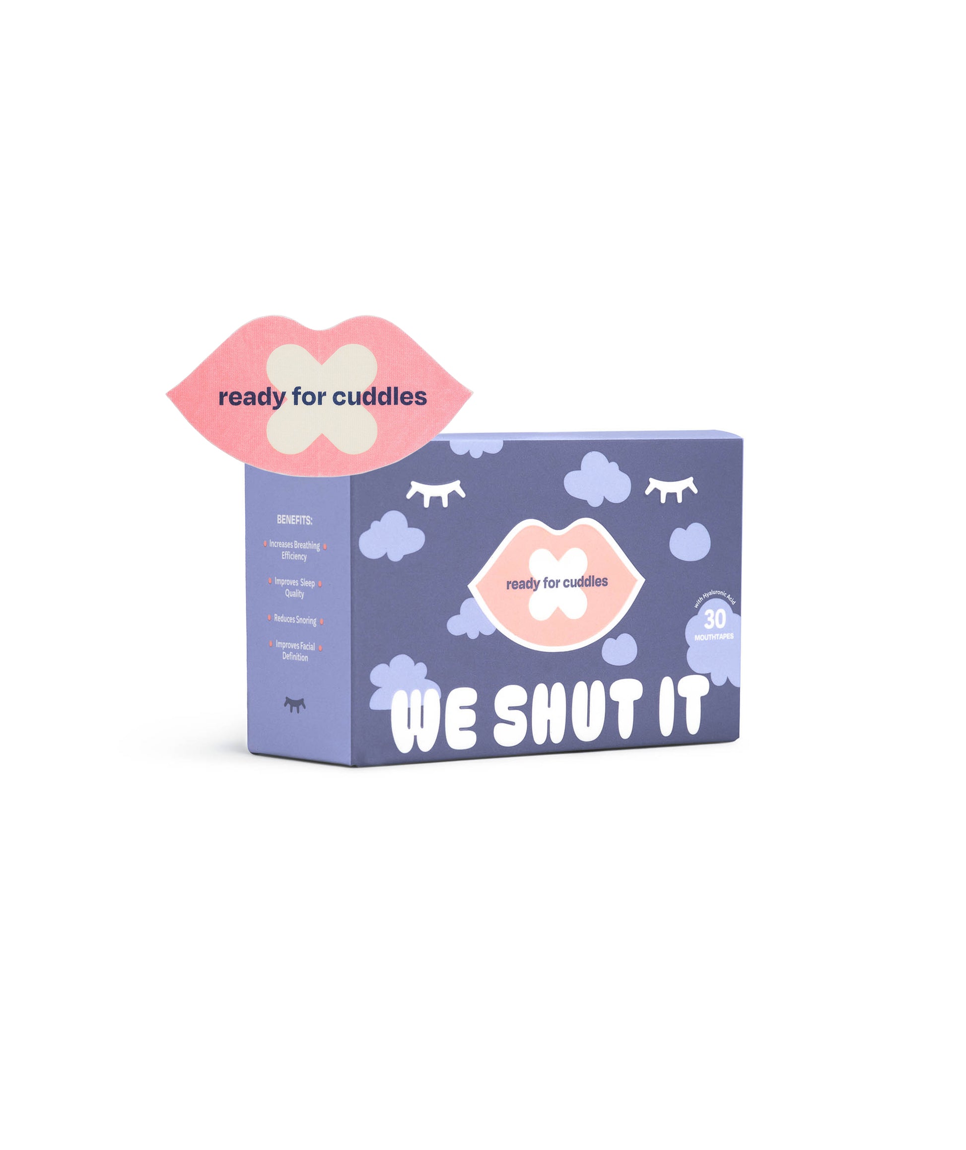 We shut it mouth tape and purple packaging, on a white background